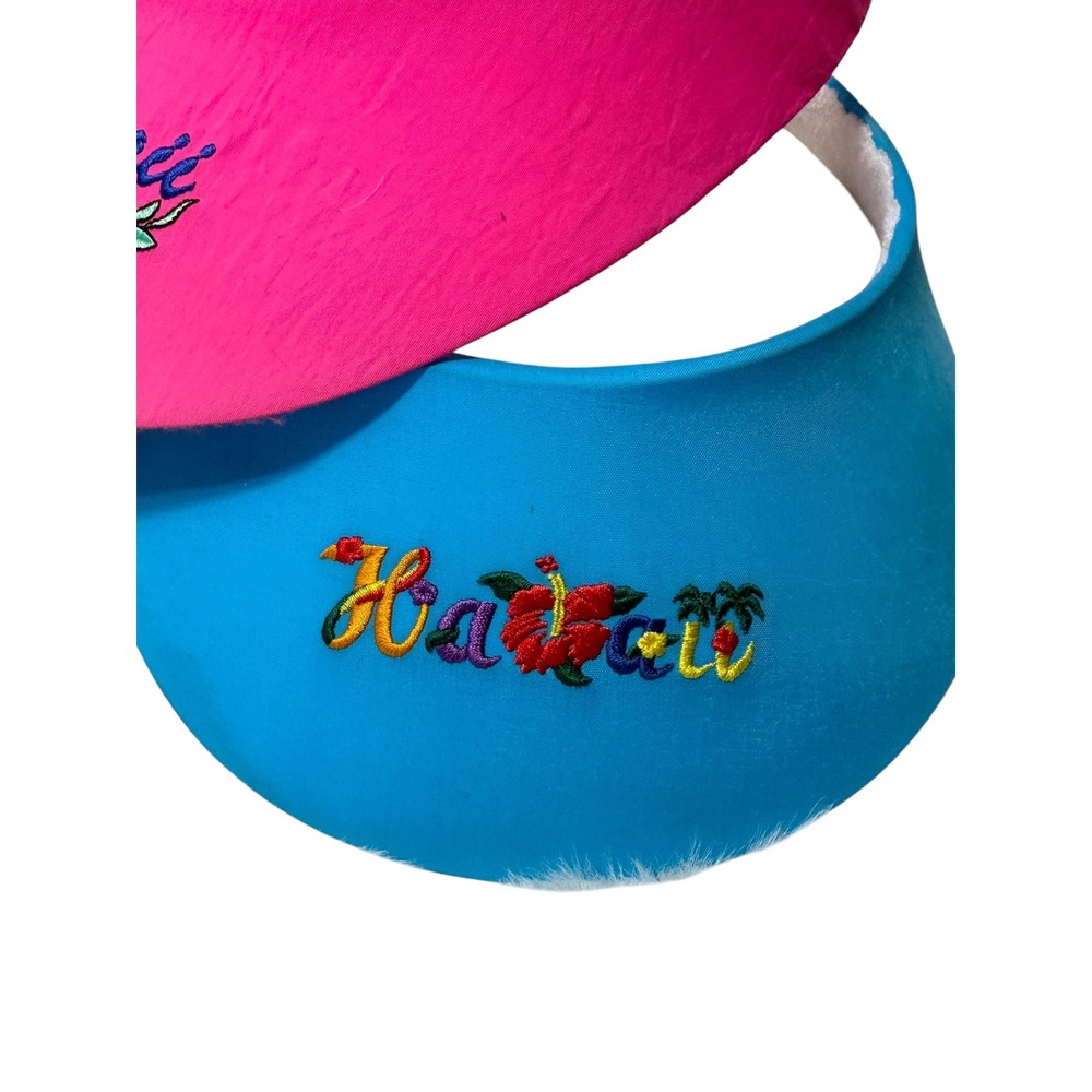 Vintage Hawaii Terry Cloth Neon Visor Set 90s Pink Blue Floral Embroidery 2pc